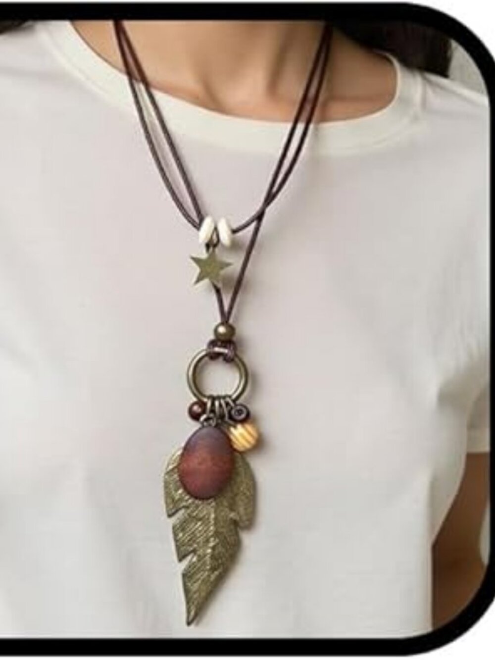 NEW Feather Pendant Necklaces Boho Vintage Large Black Leather Cord Rope Wooden‎